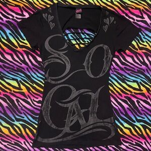 Y2K vintage 2000s affliction style SoCal grunge Graphic Black V-Neck Tee